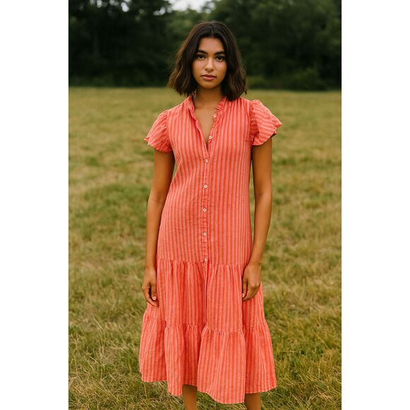 DZUBI Maxi Dress Shirt Striped Block Print Pink Grenadine Short Sleeve size S - Picture 1 of 11